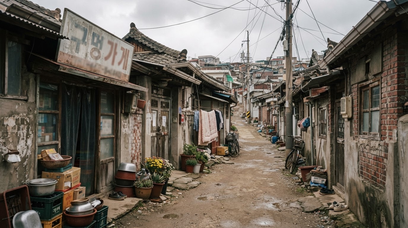 1990년대 초 한국 지방 소도시의 오래된 동네 골목 풍경 (AI 생성 이미지)