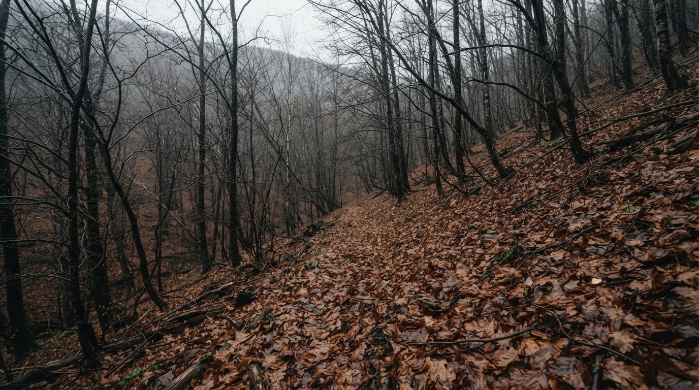 세월이 흐른 깊은 산속, 낙엽이 쌓인 고요한 비탈 (AI 생성 이미지)