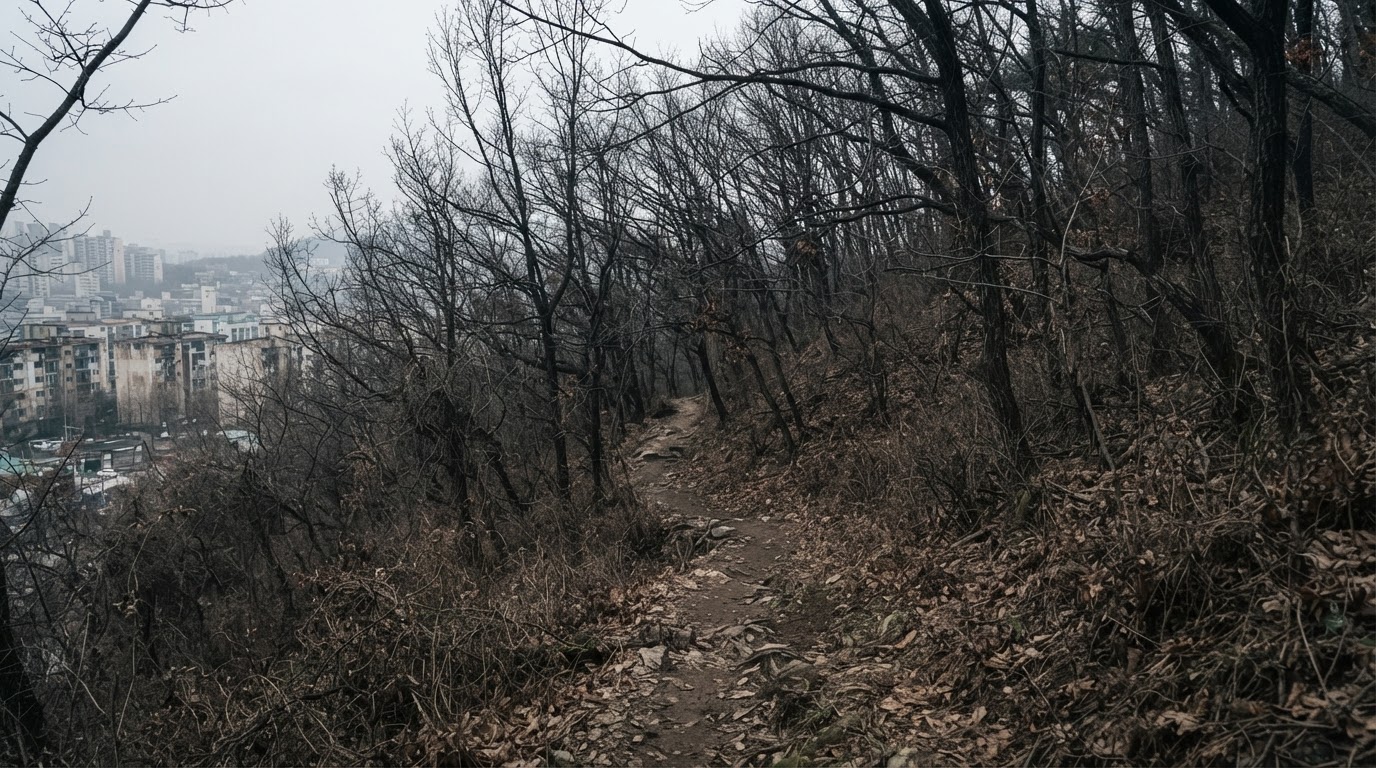 겨울 와룡산 자락의 인적 없는 산기슭 (AI 생성 이미지)