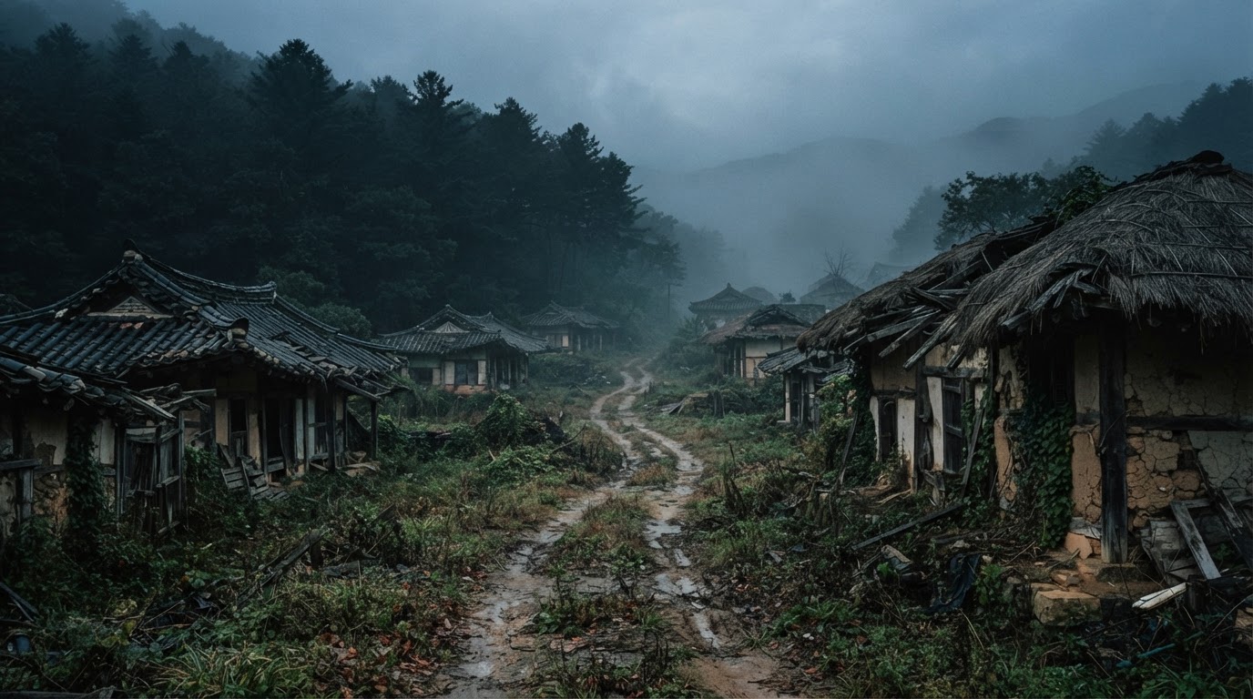 An abandoned Korean mountain village at dusk, collapsed tile and thatched hanok roofs lining an overgrown dirt road as fog rolls off the dark hills.