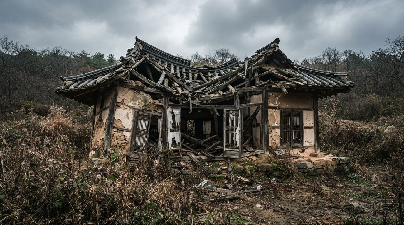 A single collapsed hanok, its beams caved in and roof tiles shattered, torn lattice doors opening into darkness.