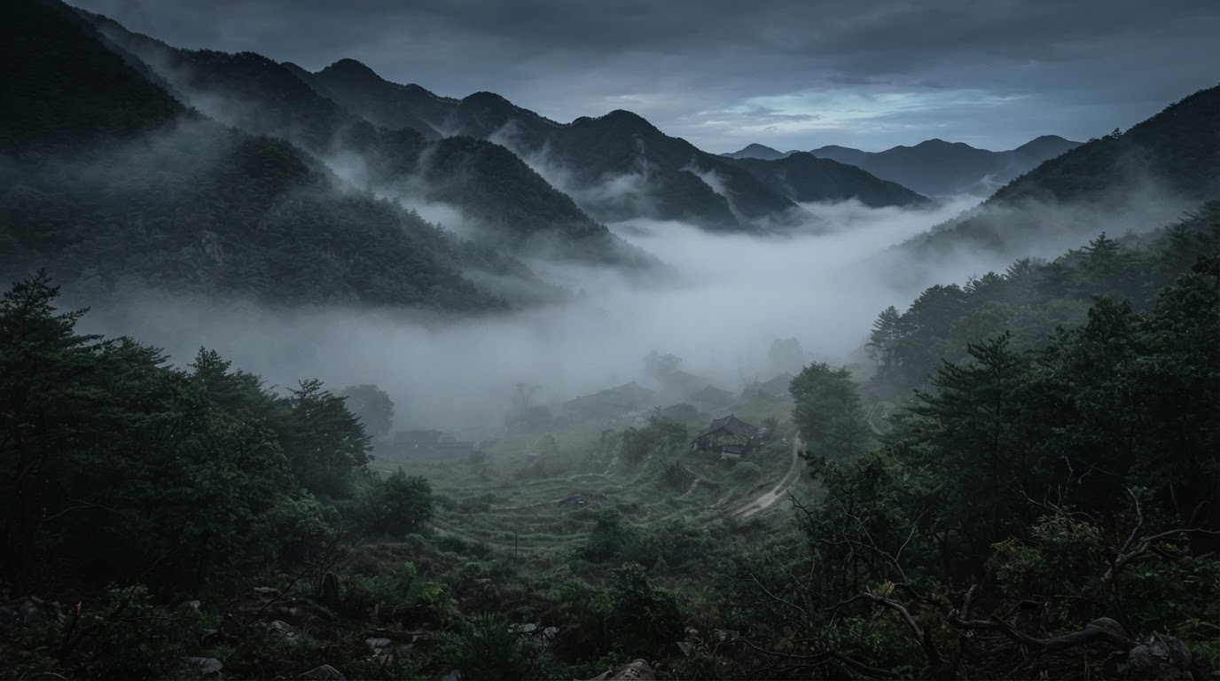 A remote foggy mountain valley at dawn, the faint outlines of abandoned roofs barely visible through thick white mist.