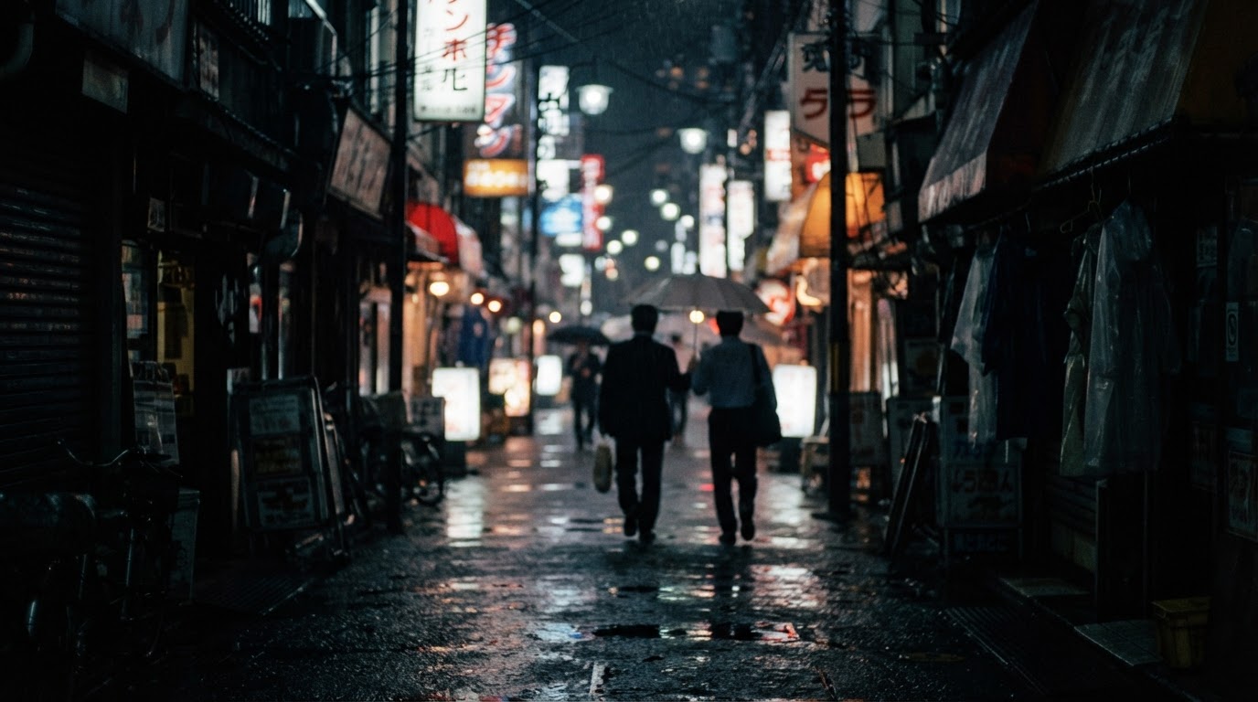 1980年代大阪的夜街,霓虹燈牌在潮濕的空氣中暈開,無可辨識文字(AI生成圖像)