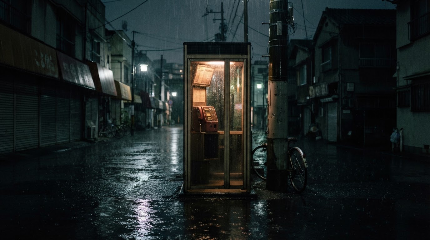 夜裡昏暗的街角,雨水順著玻璃流下,一座電話亭透出微弱的光(AI生成圖像)