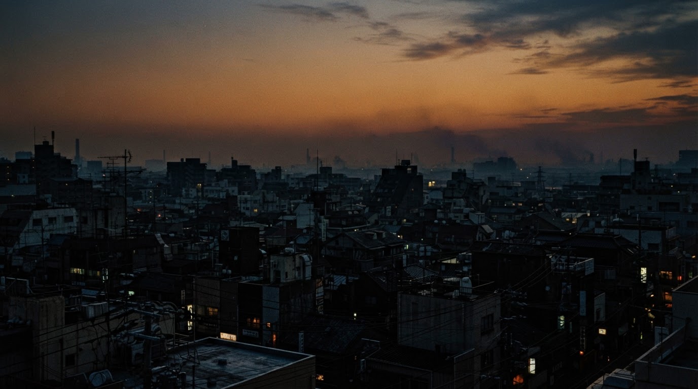 1980年代黃昏的大阪天際線,低矮建築襯著漸漸消退的橙色天空,朦朧氛圍(AI生成圖像)