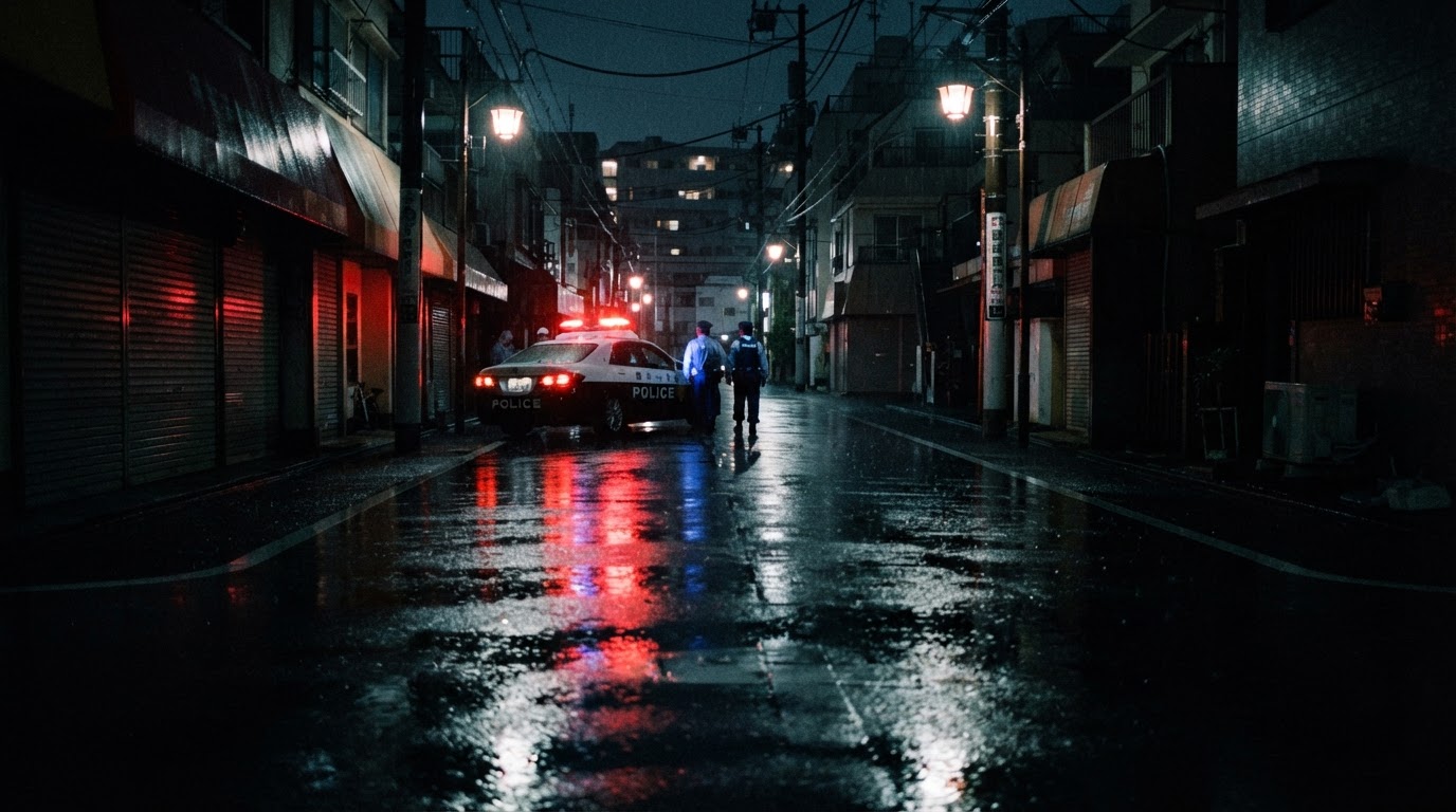 夜裡潮濕的柏油路上,映著紅藍相間的警車燈光,街道空無一人(AI生成圖像)