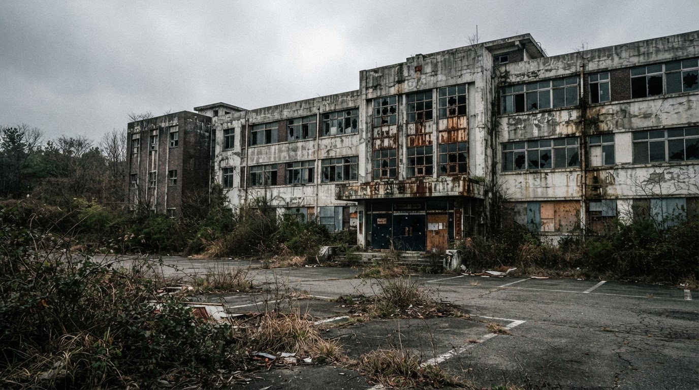 The exterior of the abandoned psychiatric hospital by day under an overcast sky — boarded broken windows, weeds reclaiming the lot.