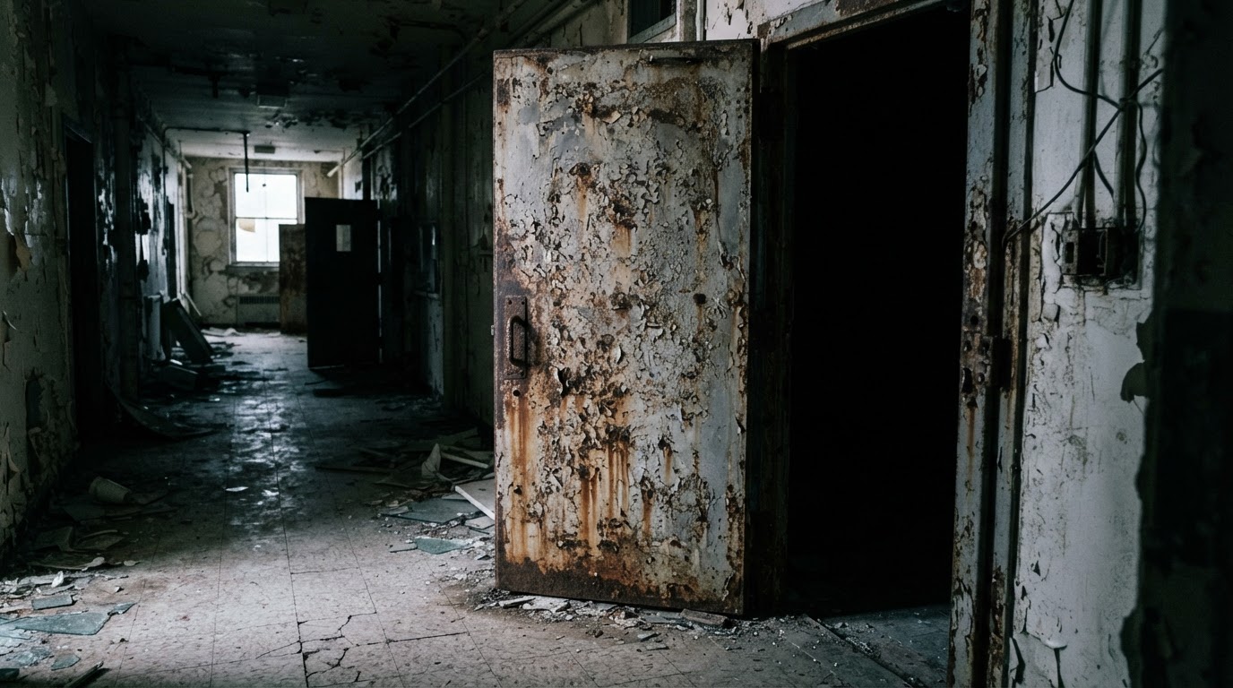 A heavy, rusted metal door standing ajar onto pitch darkness.