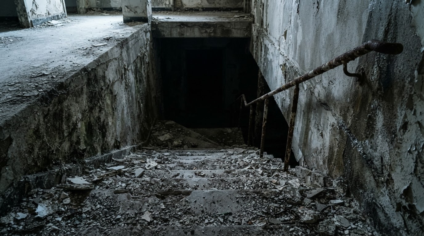 A dark concrete stairwell descending into blackness, debris scattered across the steps.