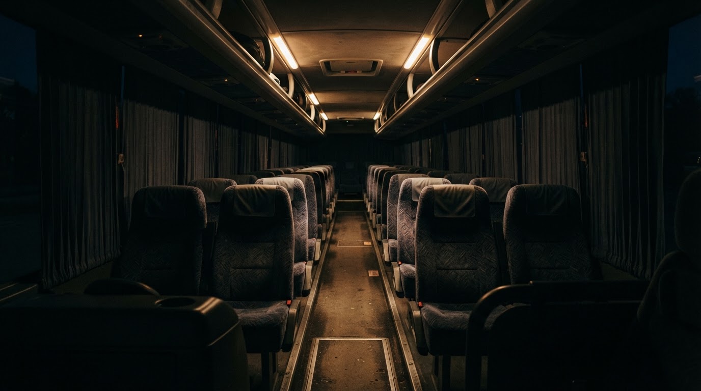 夕暮れ、無人の観光バスの車内、ずらりと並んだ座席、すべての窓にカーテンが引かれ、薄暗い光だけが漂う(AI生成画像)