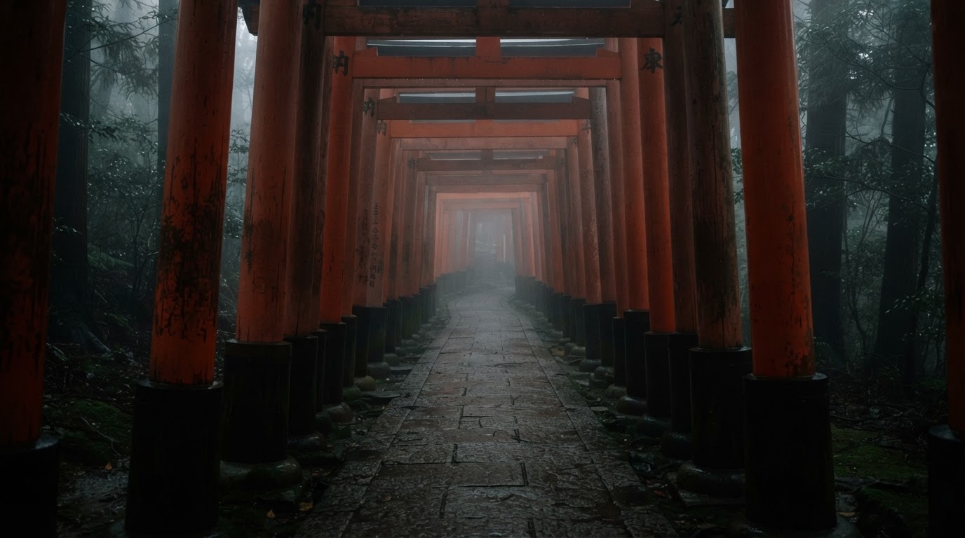 濃い霧の中へと遠ざかる朱の鳥居の連なり、その果ては完全に呑み込まれている(AI生成画像)