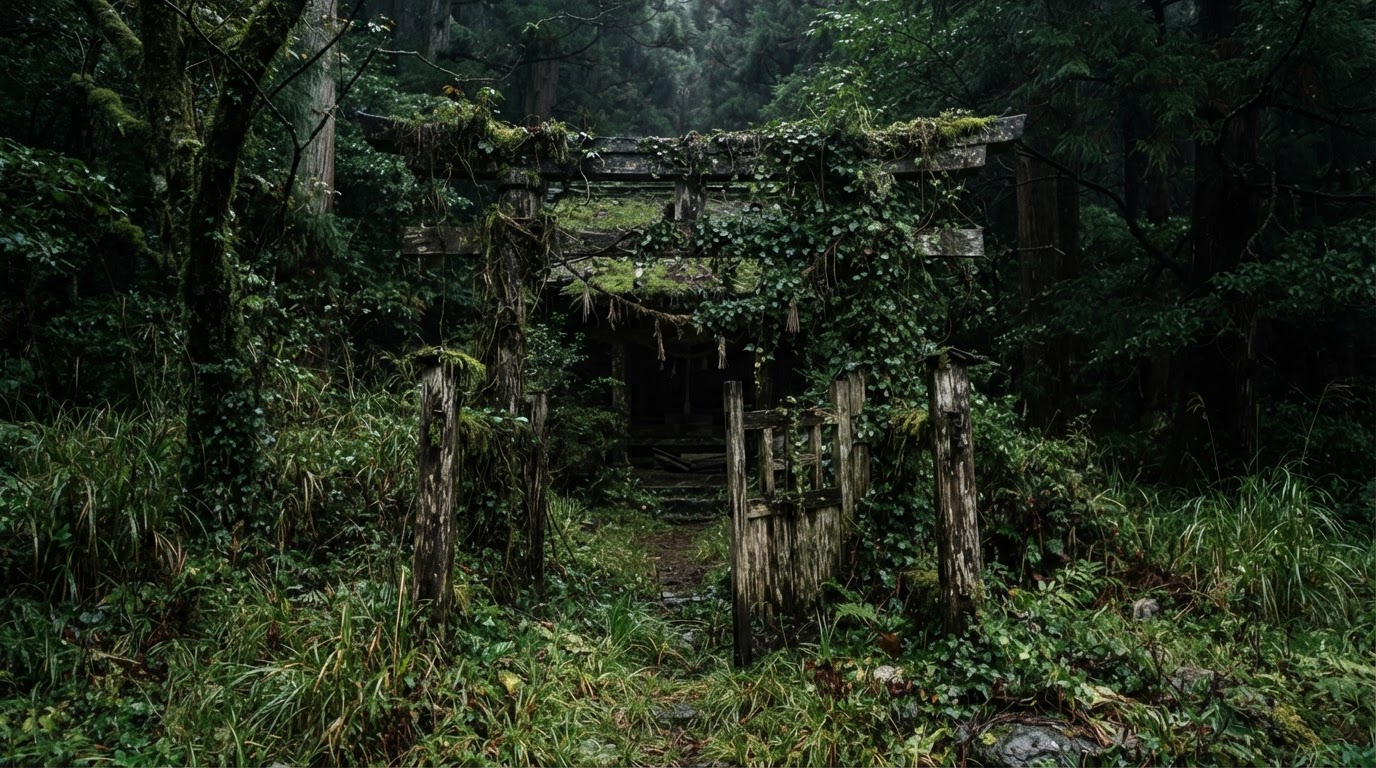 草むらに覆われて打ち捨てられた村の祠、木の骨組みが草と蔓に呑まれ、門が半ば開いている(AI生成画像)