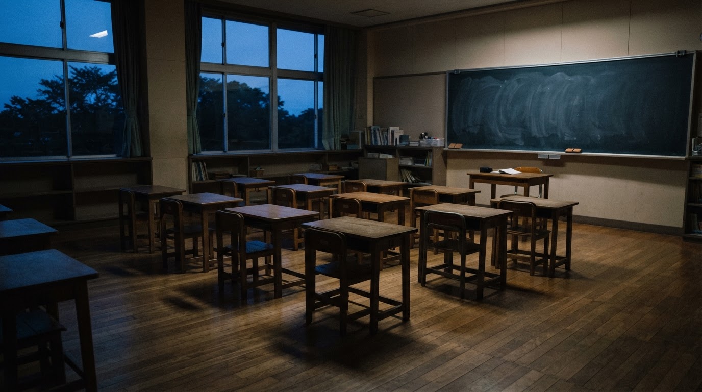 夕暮れの無人の教室、ずらりと並んだ小さな机、きれいに拭かれた黒板、床に長く伸びた影(AI生成画像)