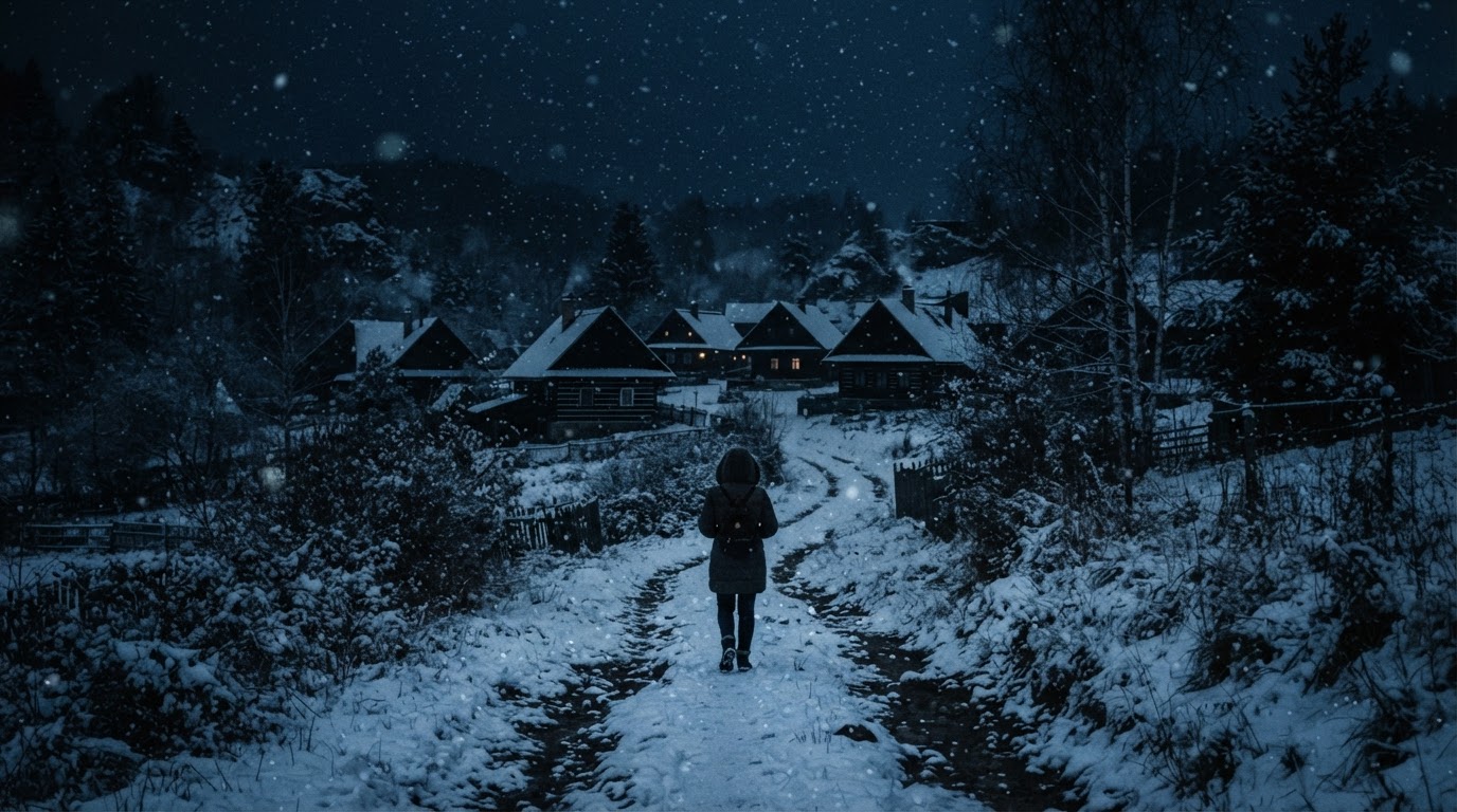夜、遠くに寄り集まった暗い村の家々の上に降る雪、冷たく静かだ(AI生成画像)