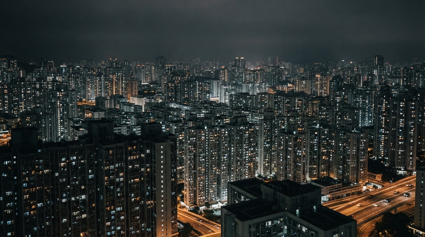 도시의 밤, 수많은 아파트 창문에 불빛이 무수히 켜져 있는 야경 (AI 생성 이미지)