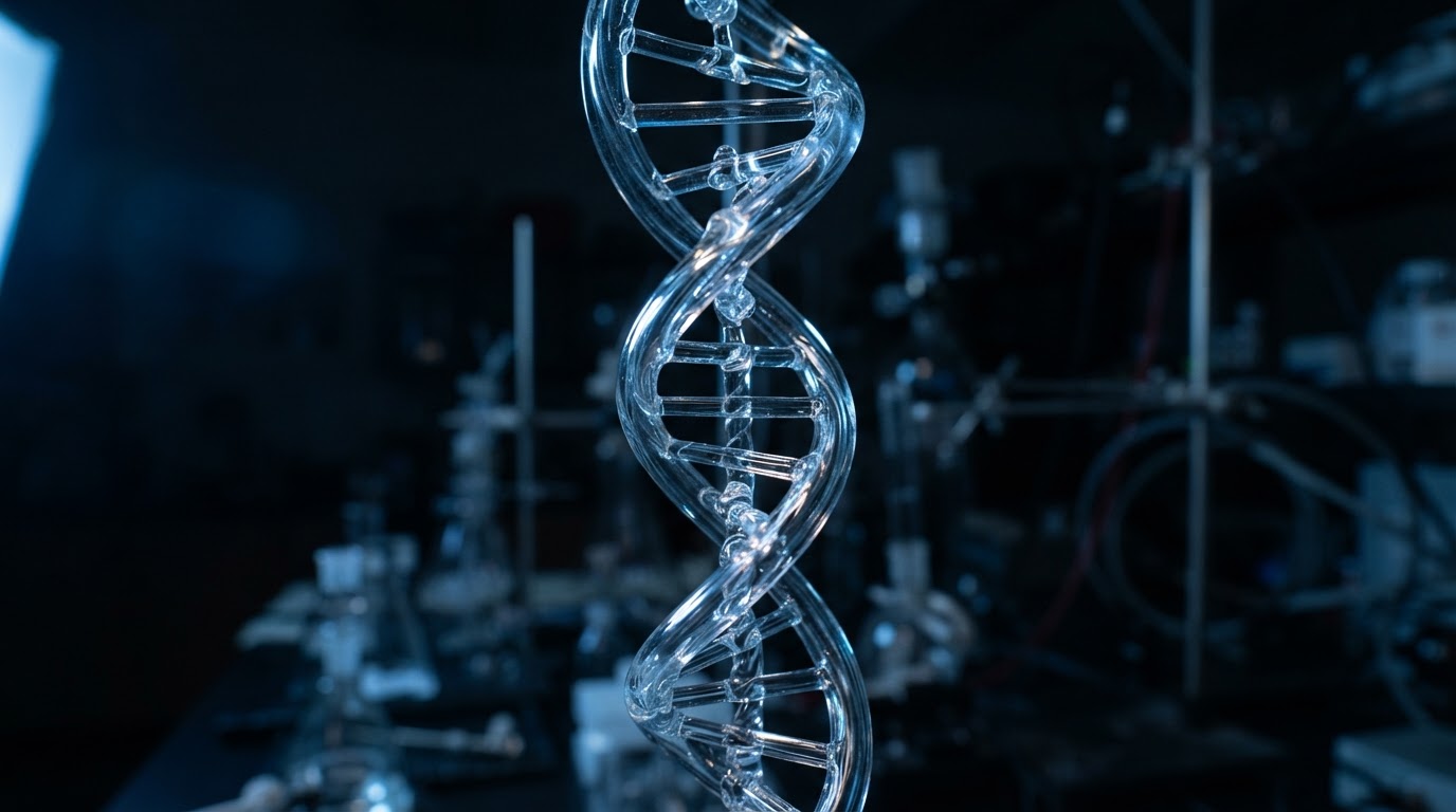 DNA 이중나선을 연상시키는 추상적인 유리 조형과 빛의 매크로, 차갑고 푸른 색조 (AI 생성 이미지)
