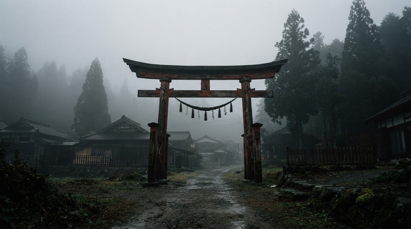 村の入り口に立つ伝統的な鳥居、朝霧に半ば呑み込まれた様子(AI生成画像)