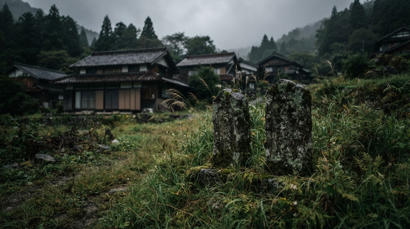村の境に立つ石の目印、風雨に削られ苔むしたまま、丈の高い草むらの中に立つ様子(AI生成画像)