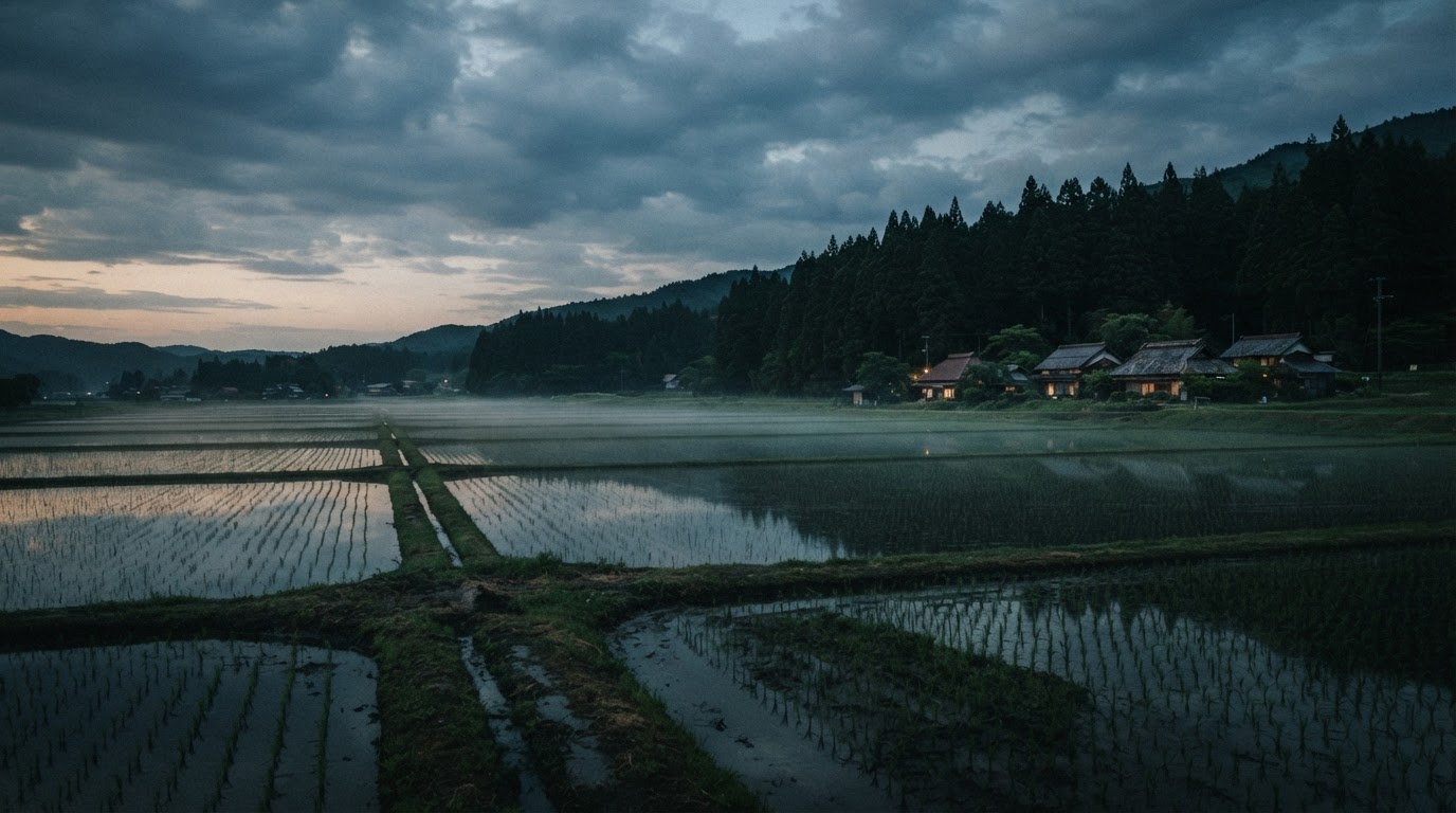 夕暮れ、地平線まで続く青い田んぼ、広い田舎の空から光がゆっくりと抜けていく様子(AI生成画像)