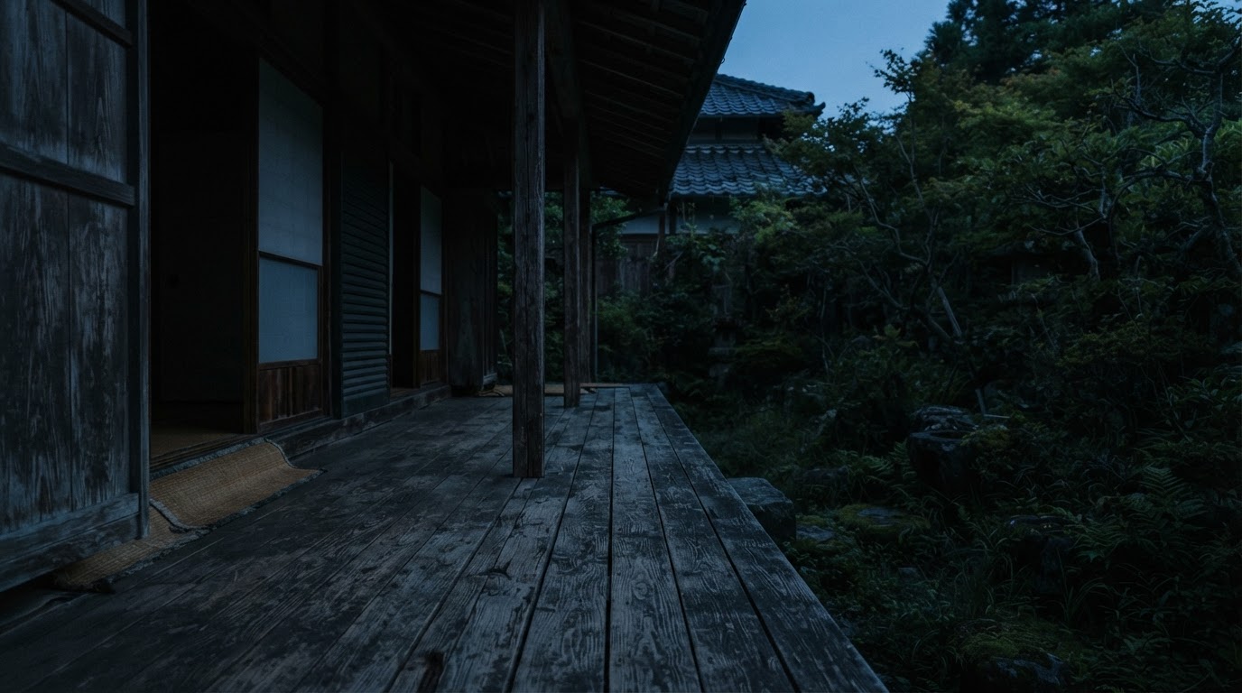 暮れゆく光の中の古い農家の縁側、影の落ちた庭に面した古びた板の間(AI生成画像)