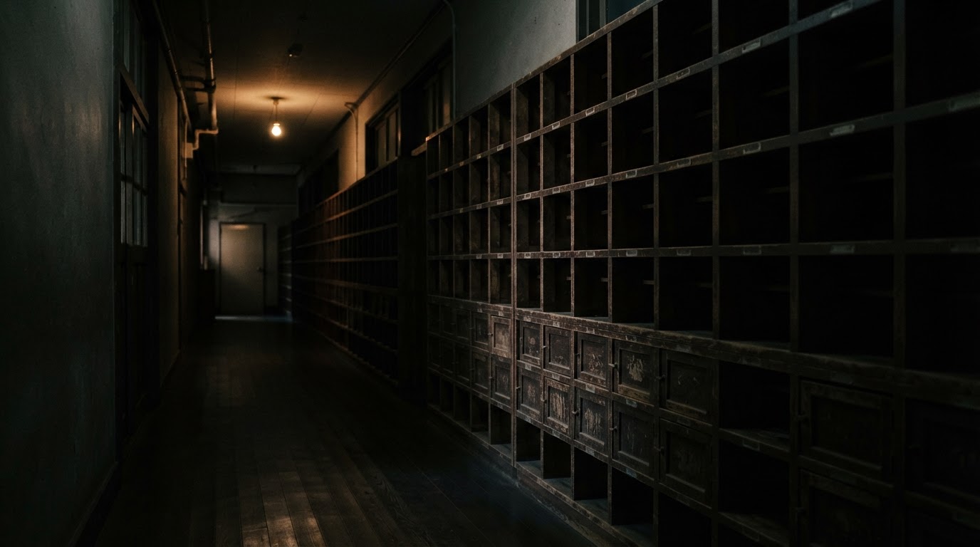 밤의 학교 신발장이 줄지어 있고, 어둠에 잠긴 칸들이 정연히 늘어서 있으며, 복도 안쪽에 어스름한 등이 하나 (AI 생성 이미지)
