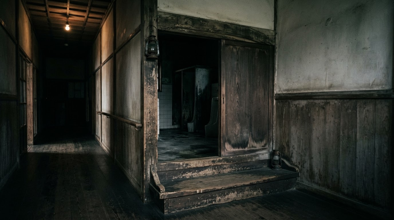 1950년대 목조 교사(校舍)의 화장실 입구, 거뭇한 목재로 된 낮은 문간, 어두운 복도에서 닳은 계단이 안으로 이어진다 (AI 생성 이미지)