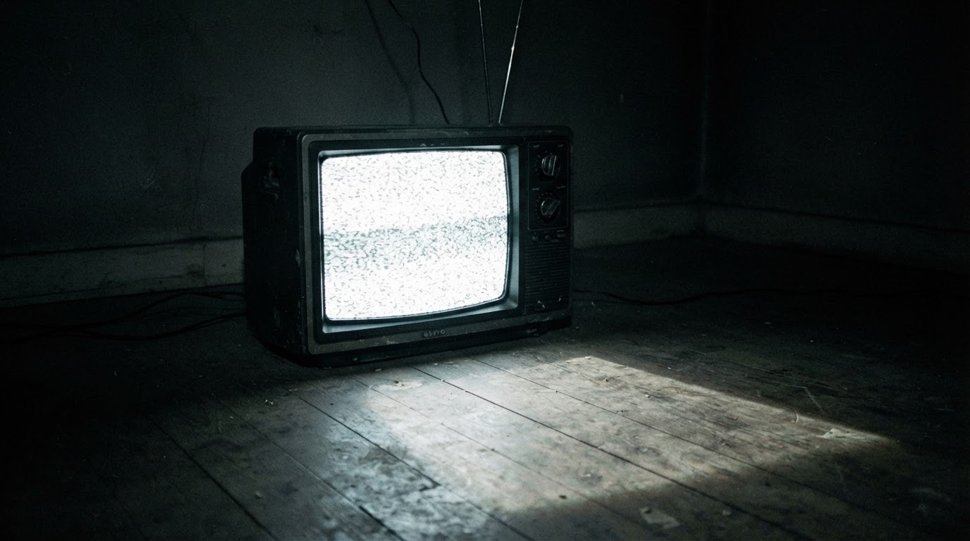 漆黑房間裡開著、映著明亮雜訊的老式方形電視,其光在地板上投出一道刺眼的錐形(AI生成圖像)