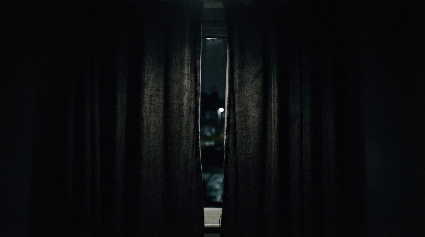 夜裡的窗,厚重窗簾之間只裂開一道細細的暗縫,房間裡一片漆黑(AI生成圖像)