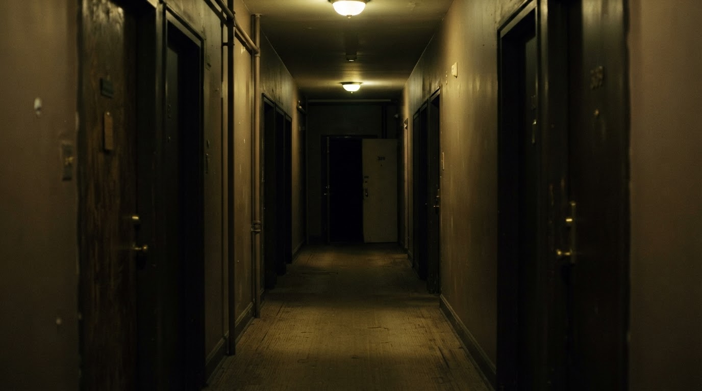 夜裡昏暗的公寓走廊,盡頭有一扇門微微開著,門後只有一片黑暗(AI生成圖像)