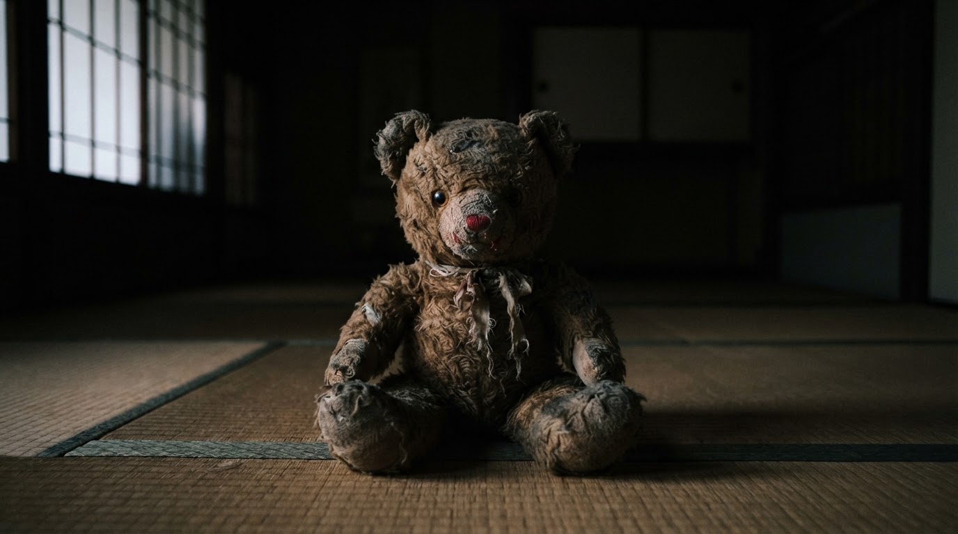 在昏暗的榻榻米房間裡獨自端坐、面朝鏡頭、又舊又磨損的熊娃娃,四周落著濃重的陰影(AI生成圖像)