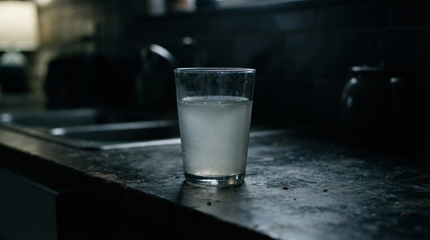 擺在昏暗檯面上、裝著混濁鹽水的透明玻璃杯,低光掠過杯緣(AI生成圖像)