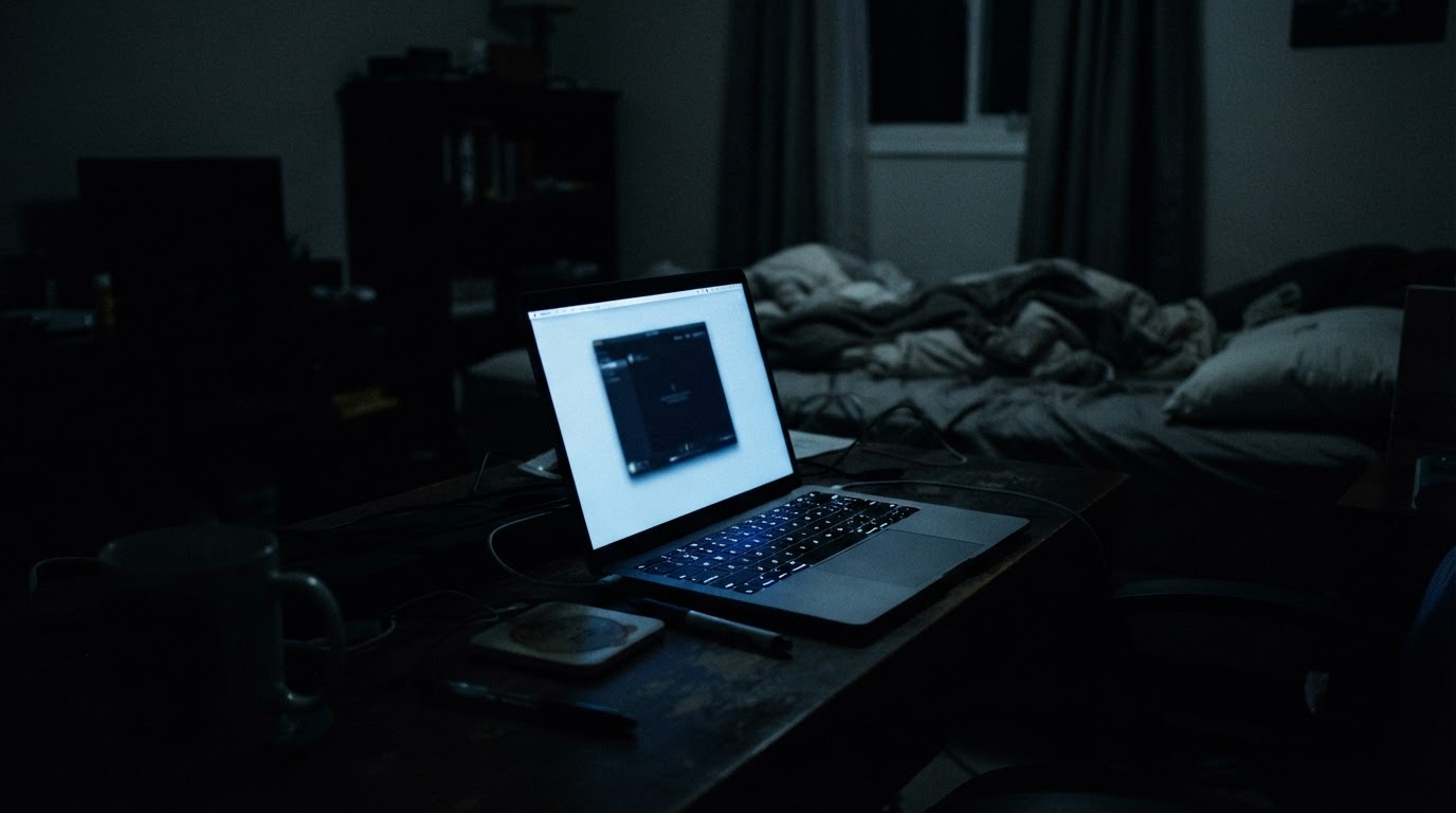 黑暗房間裡一台筆記型電腦的螢幕光,一塊柔和的冷光矩形,四周被濃重的陰影包圍(AI生成圖像)