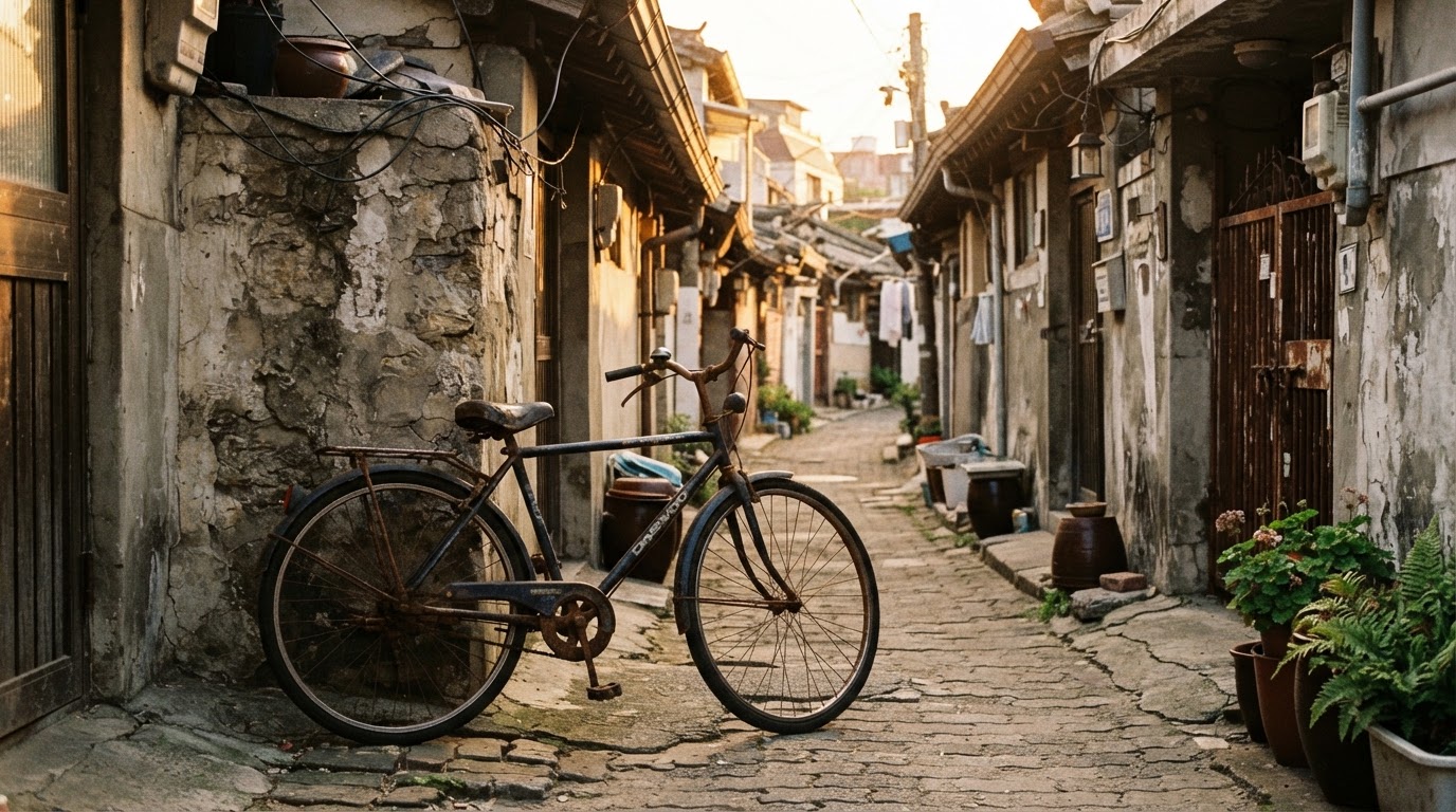 An old bicycle propped up at the mouth of an aged alley, late afternoon light seeping over it (AI-generated image)