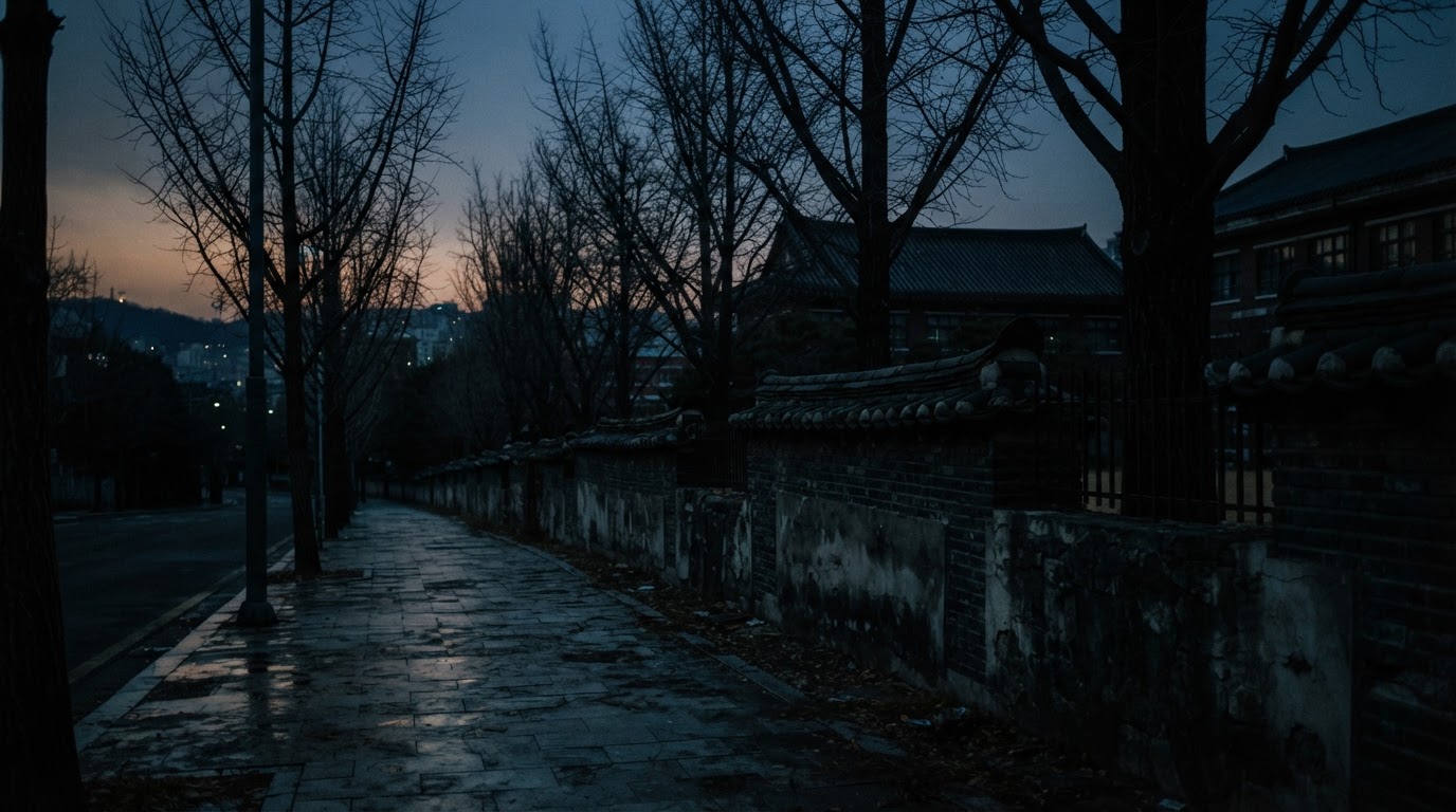 Bare trees lined along a school wall at dusk and an empty sidewalk (AI-generated image)
