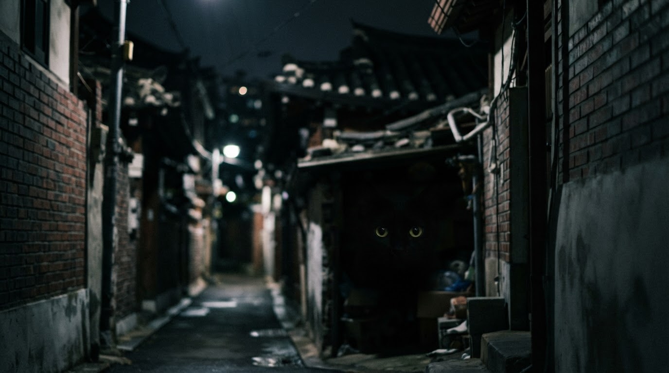 A cat's two eyes glowing yellow in the dark, the background a blurred night alley (AI-generated image)