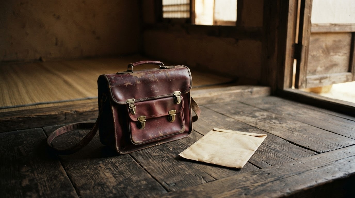 An old suitcase and a faded airline ticket envelope resting on a worn table in dim light (no legible text, AI-generated image)