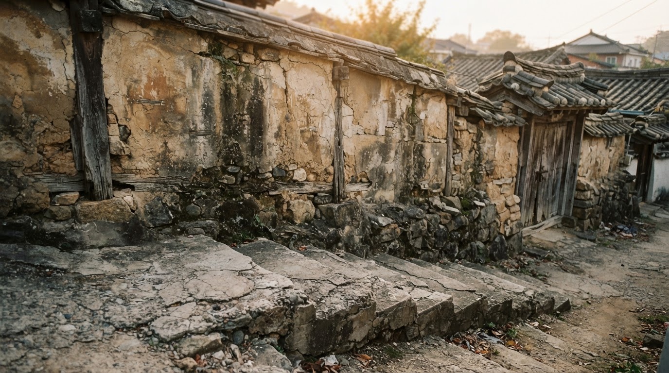 An old weathered wall stained by the years and worn steps beneath it, faint afternoon sunlight (AI-generated image)