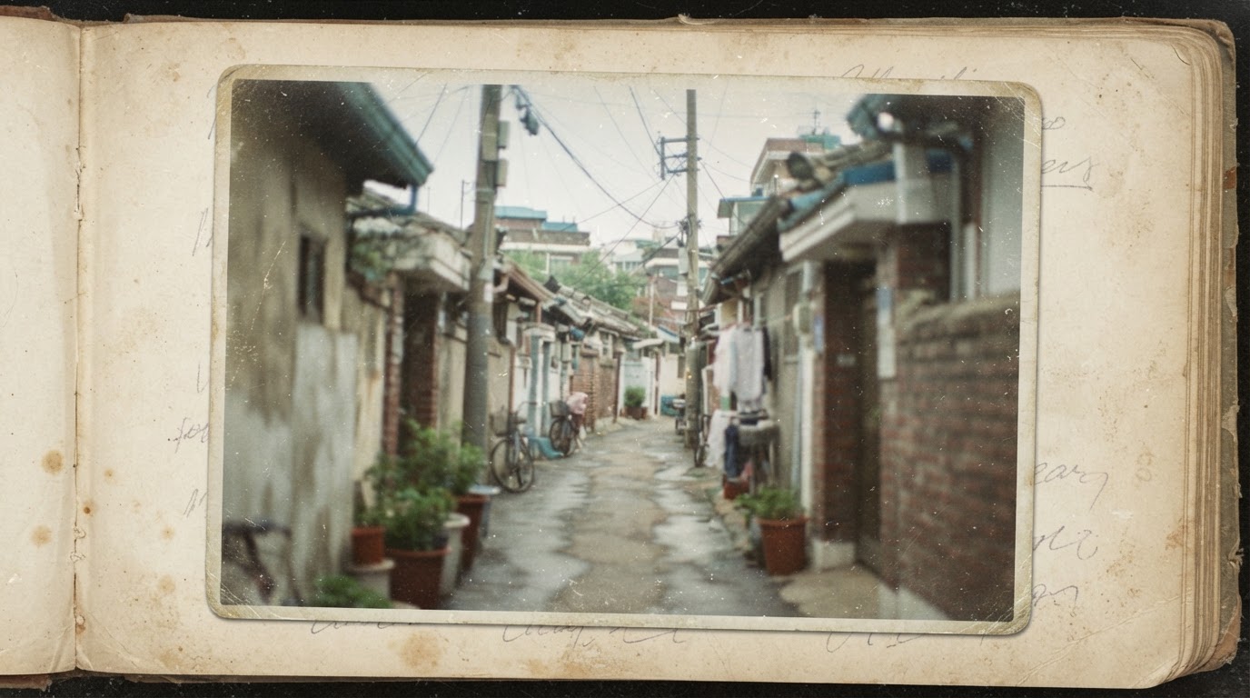 A hazy alley scene like a page from a faded old photo album, no legible text (AI-generated image)