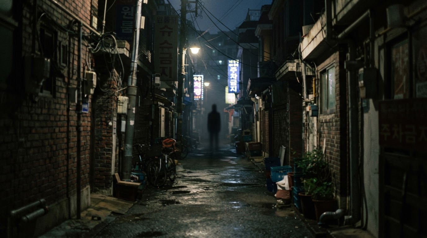 An unidentifiable shadow standing hazily at the far end of an empty evening alley (unidentifiable, not a composite sketch, AI-generated image)