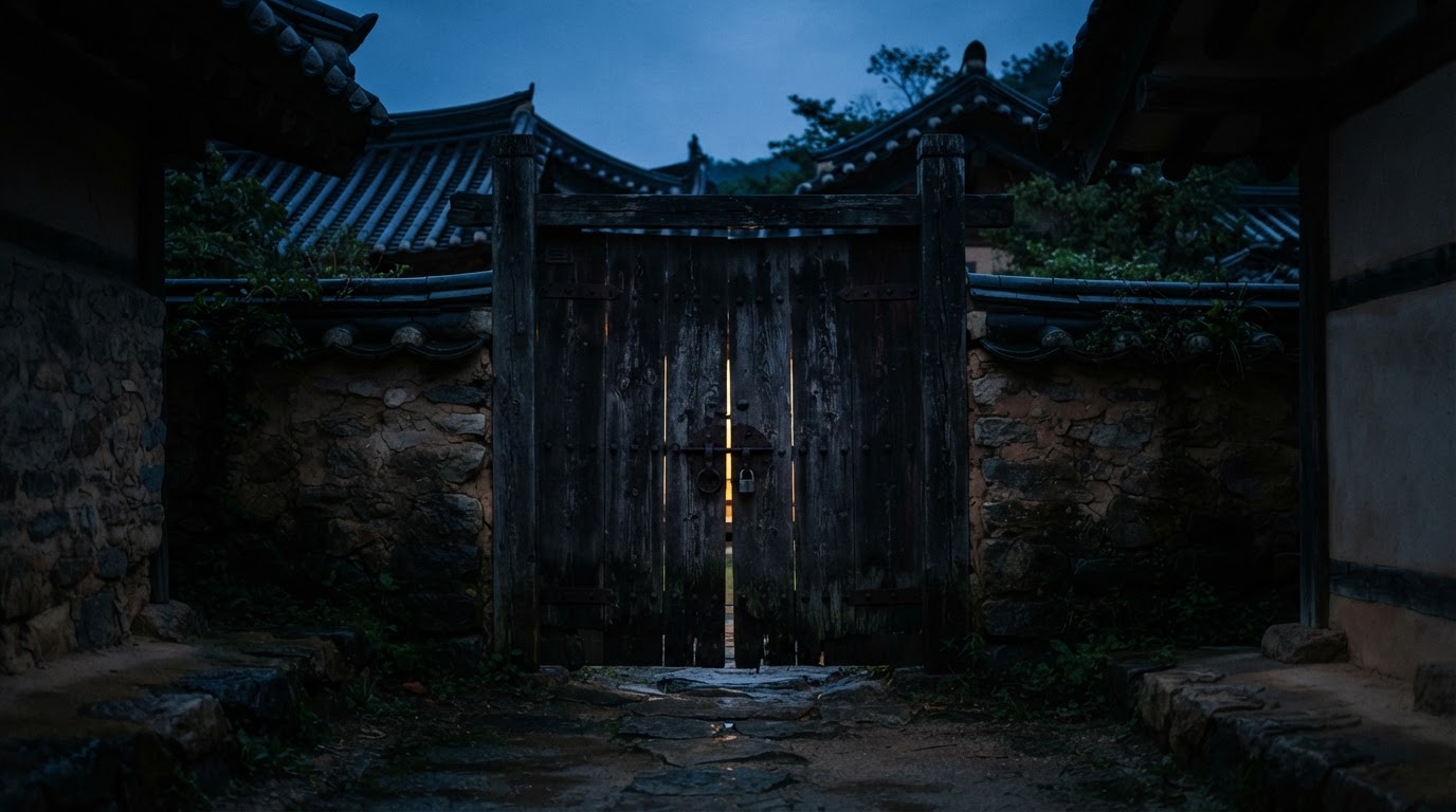 An old gate in the dusk with faint light leaking through the gap (AI-generated image)