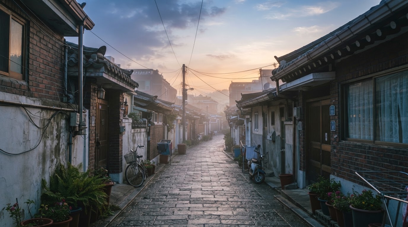 A quiet alley with dawn light seeping in, a thin mist slowly lifting and the sky brightening (AI-generated image)