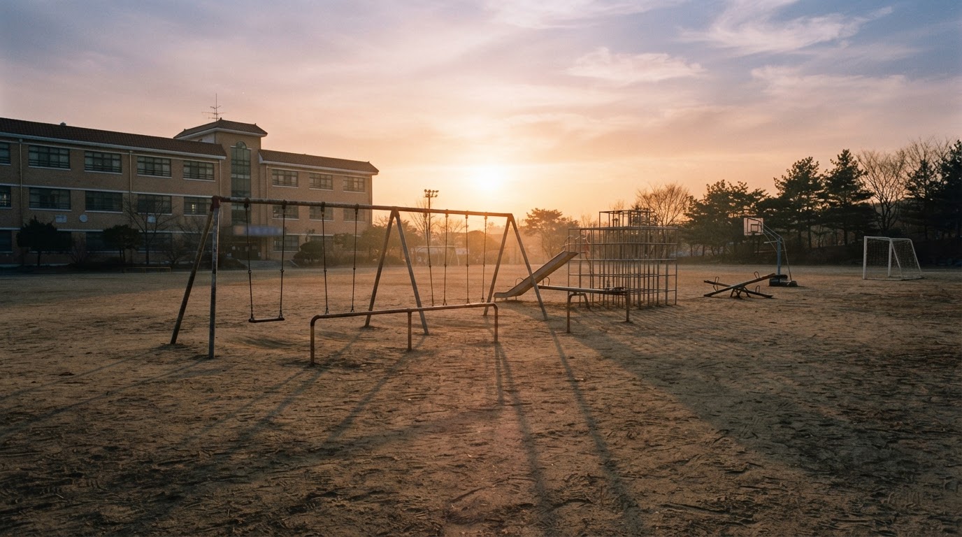An empty elementary school yard at sunset, long stretched shadows and a hazy sky (AI-generated image)