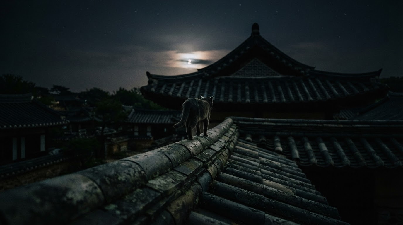 The back of a cat walking soundlessly across a rooftop in the dark, a moonlit night sky (AI-generated image)