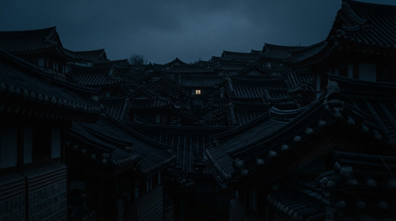 Old tiled rooftops with night shadows draped over them, a faintly lit window in the distance (AI-generated image)