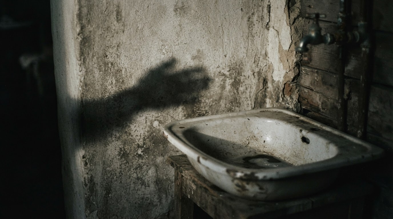 Not a model of a clean child's hand, but a blurred shadow of a hand and an old washbasin (unidentifiable, AI-generated image)