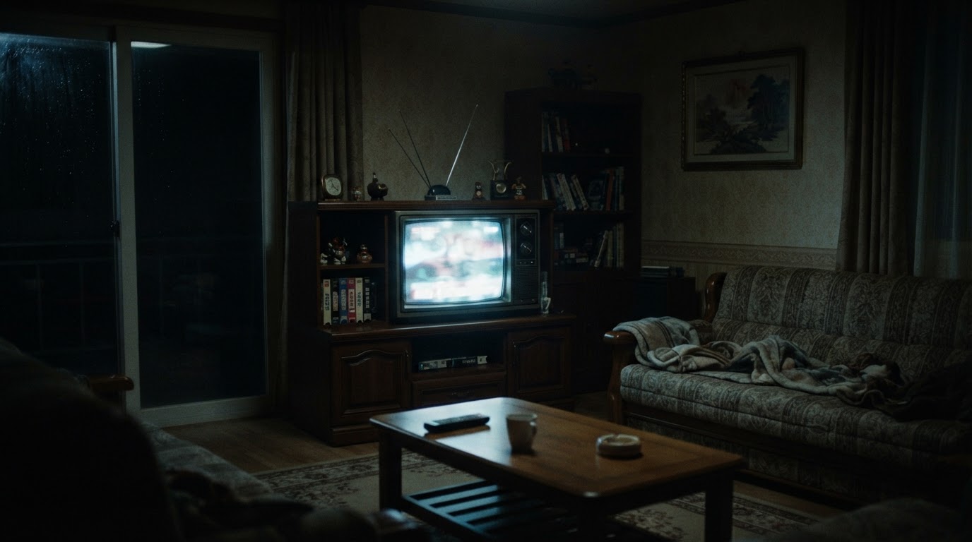 The blurry glow of an old cathode-ray television screen lighting a dark living room (no legible text, AI-generated image)