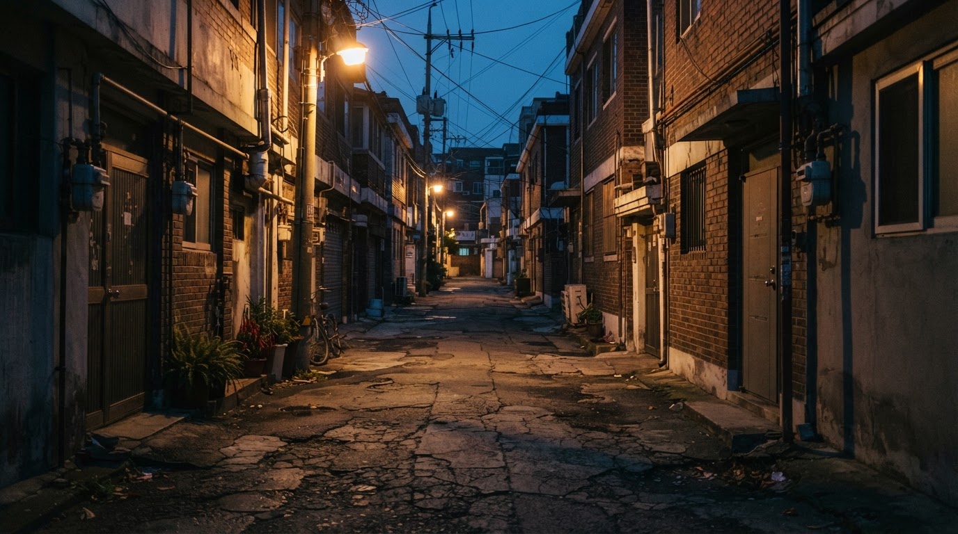 A deserted evening alley, streetlamps flickering on one by one and casting long shadows (AI-generated image)