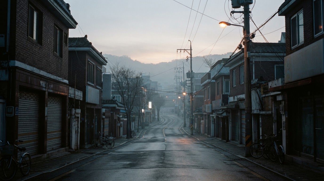An empty street in the early morning under a thin mist, gray light bleeding hazily across the sky (AI-generated image)