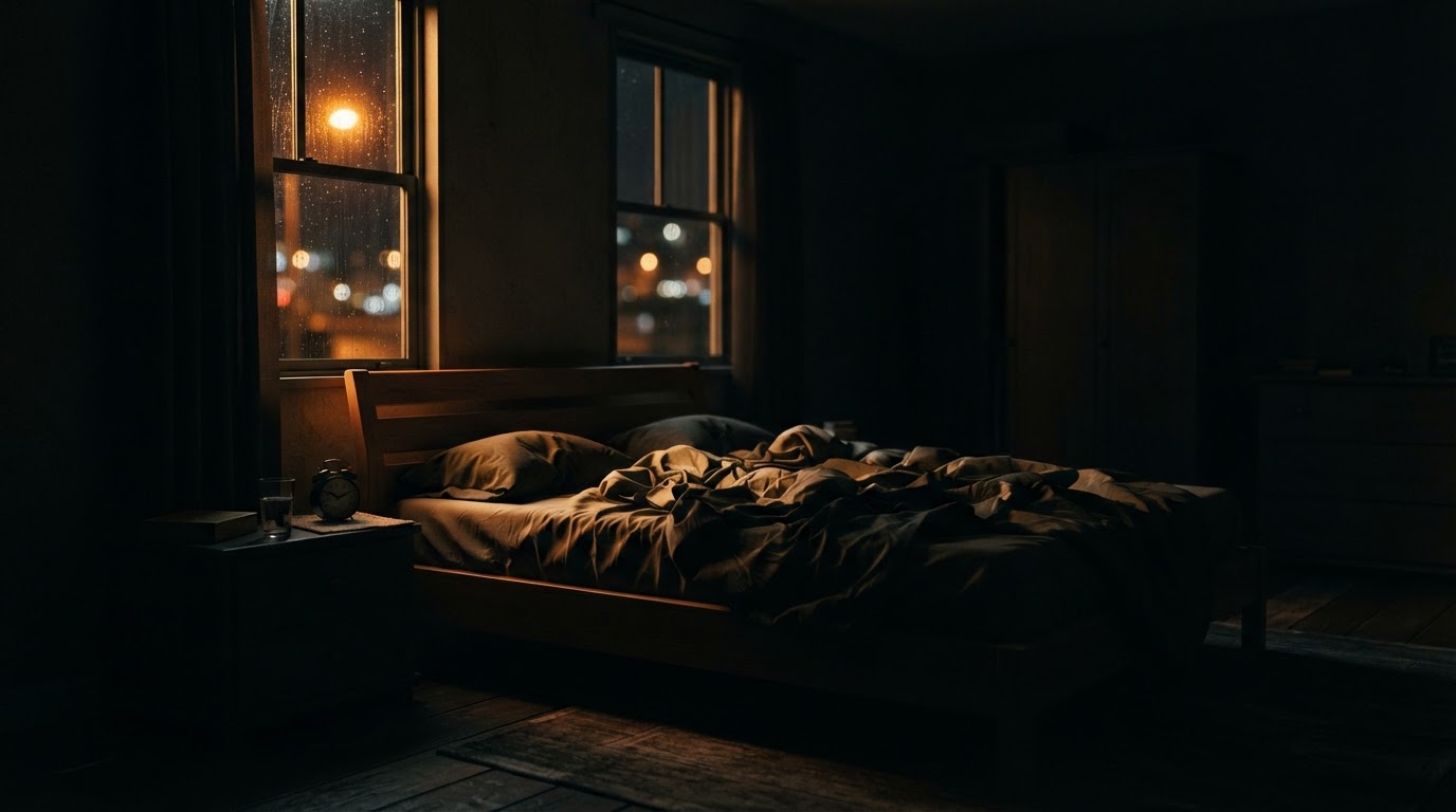 A dark, silent bedroom at night, faint light glowing beyond the window (AI-generated image)