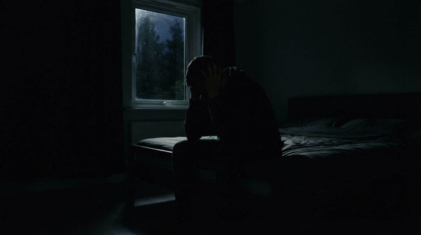 The silhouette of a person sitting on the edge of a bed, hands pressed over both ears, in a darkened room (AI-generated image)